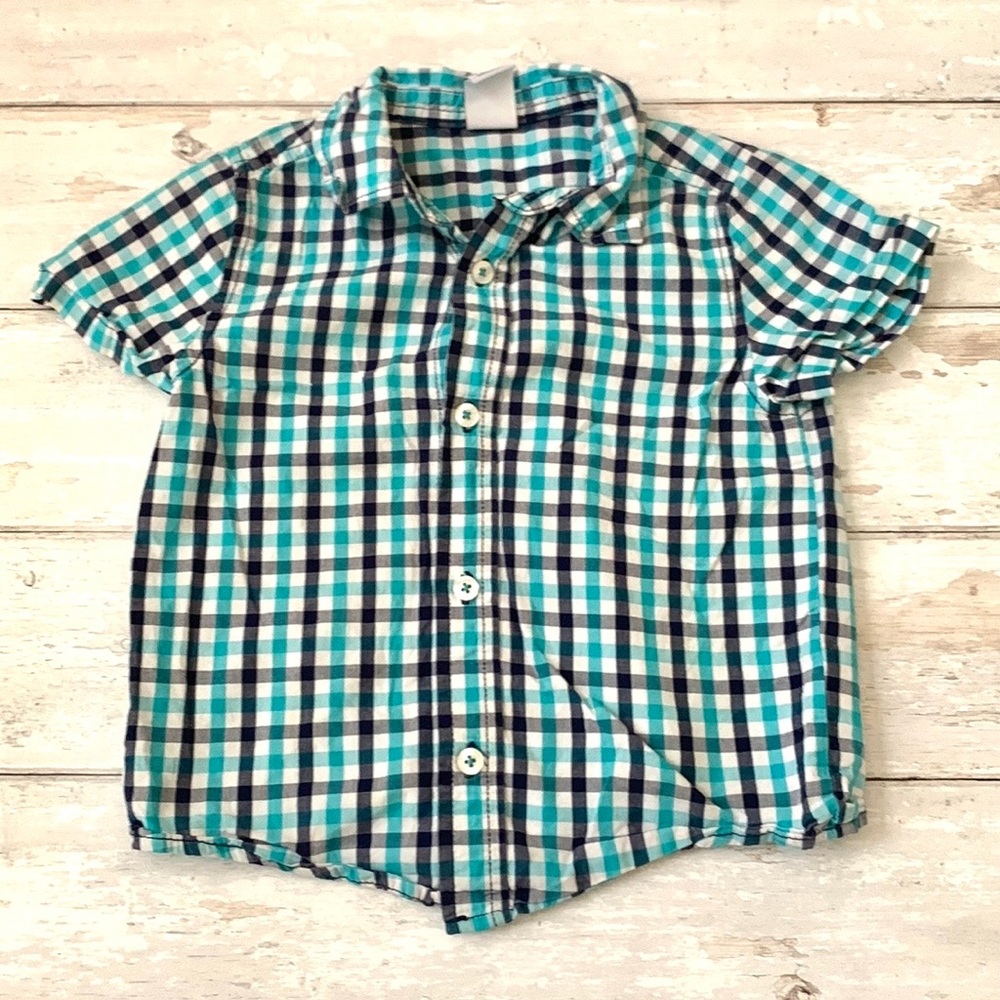 Boys 4T Shirt Button Up Blue White Checkered Plaid Short Sleeves Kids Top Size 4